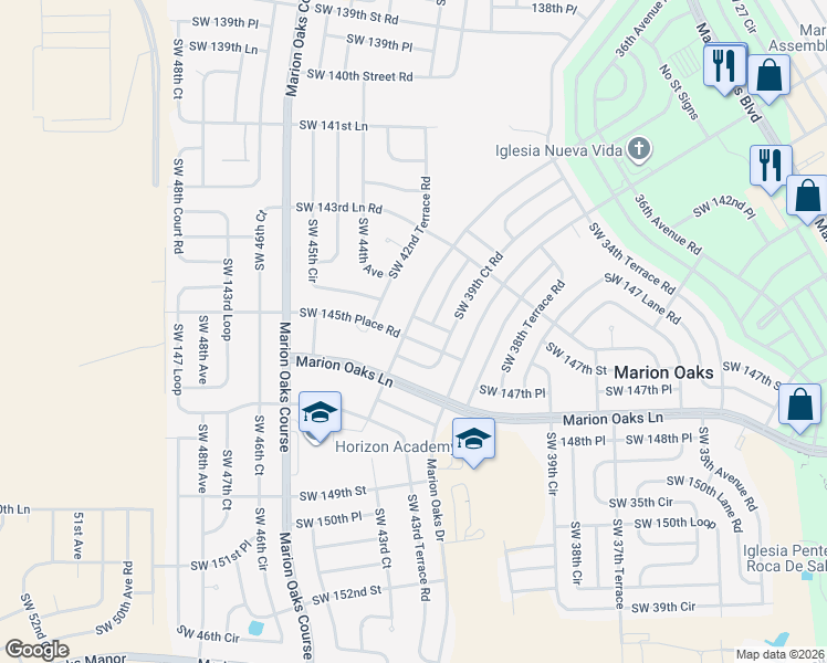 map of restaurants, bars, coffee shops, grocery stores, and more near 4248 Southwest 145th Lane in Ocala
