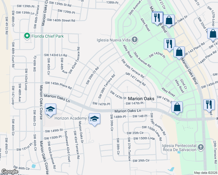 map of restaurants, bars, coffee shops, grocery stores, and more near 3930 Southwest 143rd Lane Road in Ocala