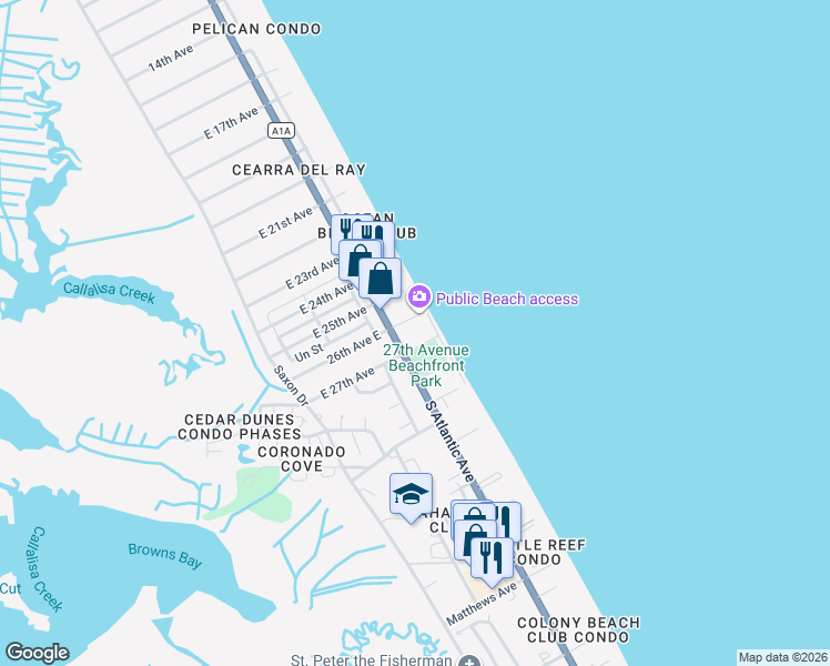 map of restaurants, bars, coffee shops, grocery stores, and more near 998 27th Avenue in New Smyrna Beach