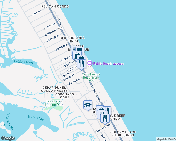 map of restaurants, bars, coffee shops, grocery stores, and more near 998 27th Avenue in New Smyrna Beach