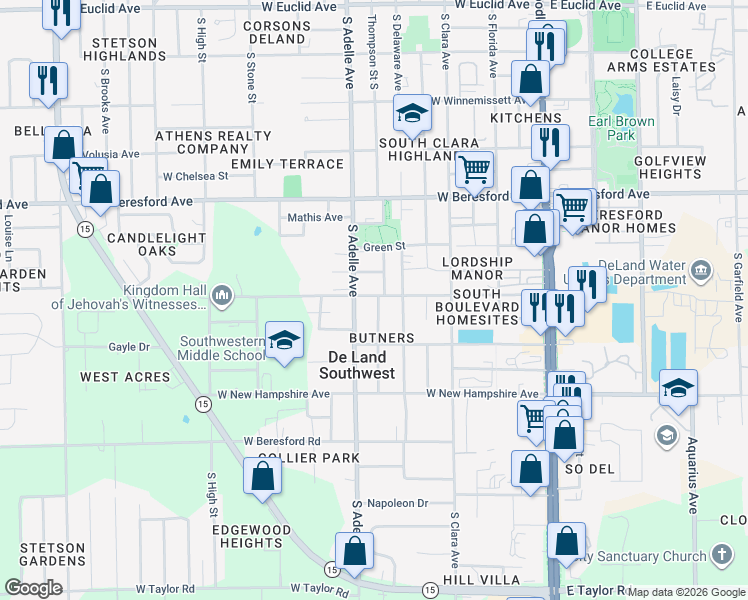 map of restaurants, bars, coffee shops, grocery stores, and more near 436 West Lisbon Parkway in DeLand