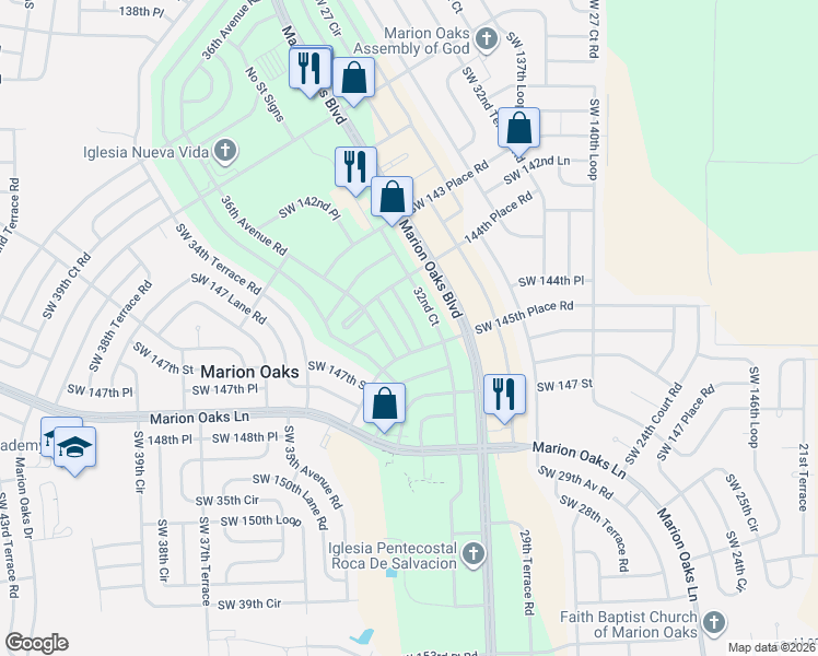 map of restaurants, bars, coffee shops, grocery stores, and more near 32nd Court in Ocala