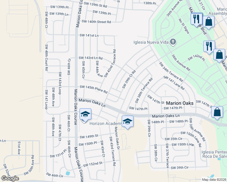 map of restaurants, bars, coffee shops, grocery stores, and more near 4248 Southwest 145th Lane in Ocala