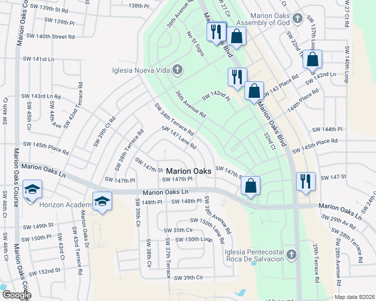map of restaurants, bars, coffee shops, grocery stores, and more near 14601 Southwest 35th Terrace Road in Ocala