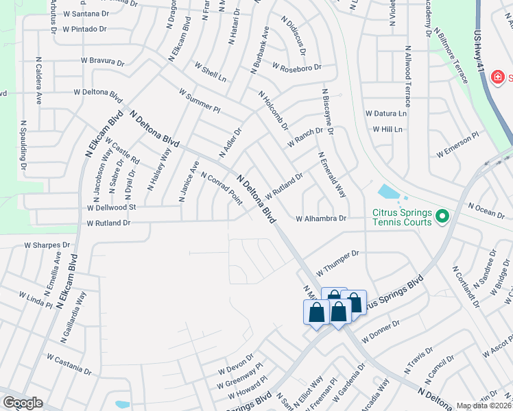 map of restaurants, bars, coffee shops, grocery stores, and more near 2107 West Rutland Drive in Citrus Springs