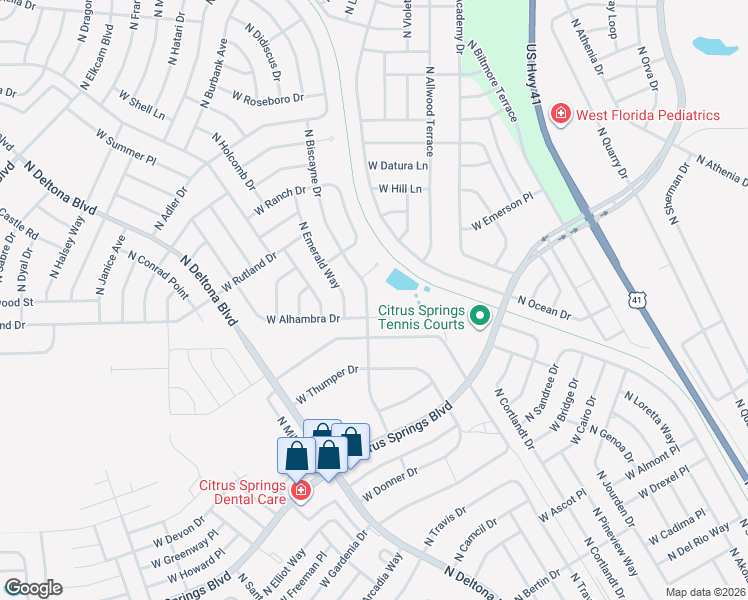 map of restaurants, bars, coffee shops, grocery stores, and more near 10061 North Biscayne Drive in Citrus Springs
