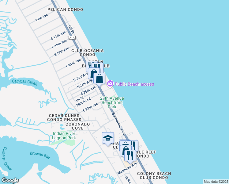 map of restaurants, bars, coffee shops, grocery stores, and more near 998 27th Avenue in New Smyrna Beach