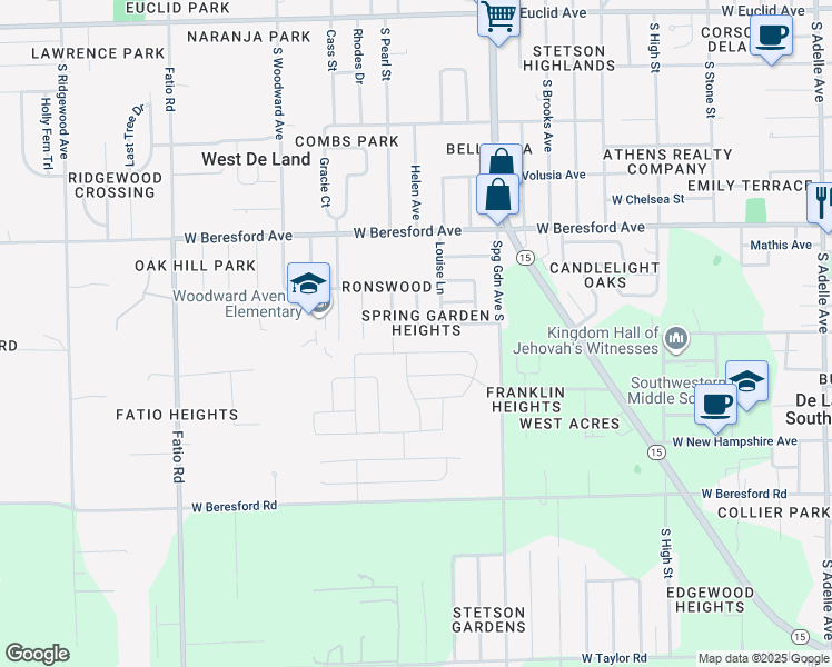 map of restaurants, bars, coffee shops, grocery stores, and more near 1244 Helen Drive in DeLand