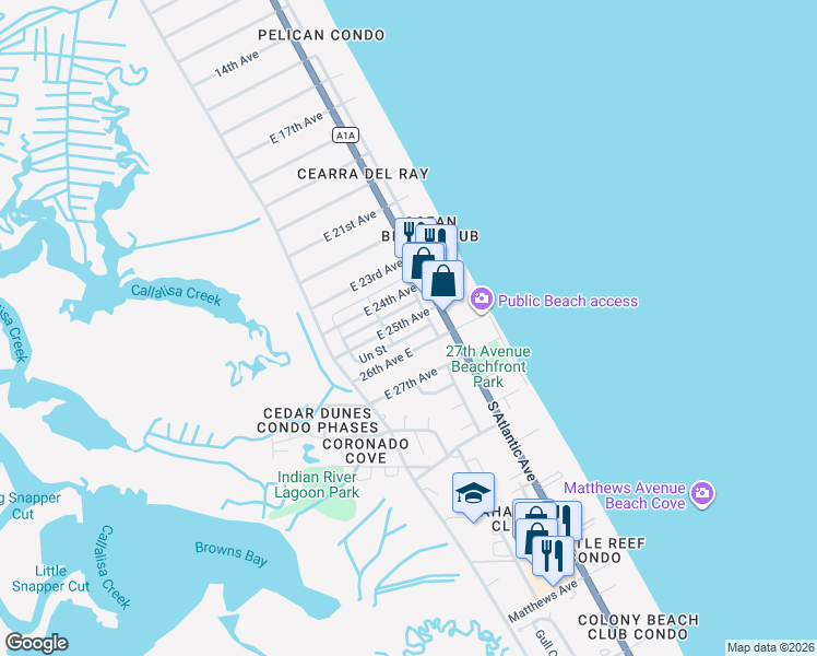 map of restaurants, bars, coffee shops, grocery stores, and more near 829 East 25th Avenue in New Smyrna Beach