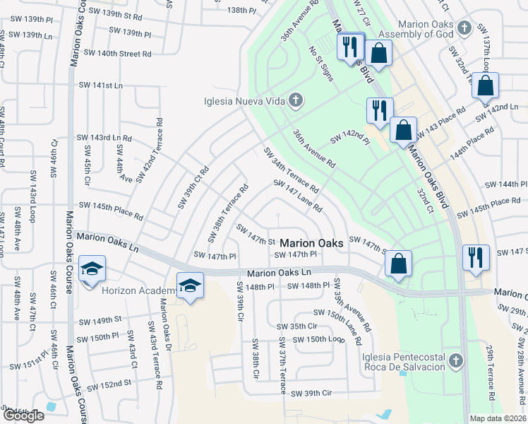 map of restaurants, bars, coffee shops, grocery stores, and more near 14540 Southwest 35th Terrace Road in Ocala