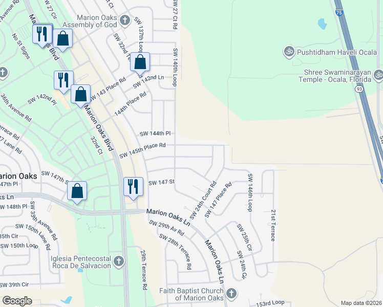 map of restaurants, bars, coffee shops, grocery stores, and more near 2655 Southwest 146th Street in Ocala
