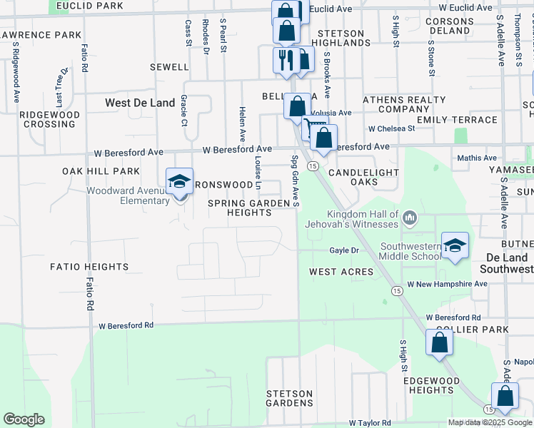 map of restaurants, bars, coffee shops, grocery stores, and more near 1120 Helen Drive in DeLand