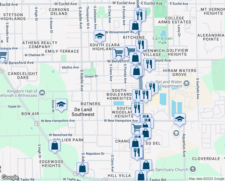 map of restaurants, bars, coffee shops, grocery stores, and more near 239 West Lisbon Parkway in DeLand