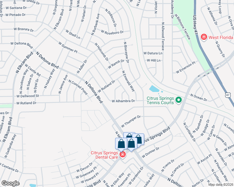map of restaurants, bars, coffee shops, grocery stores, and more near 10075 North Blyer Way in Citrus Springs