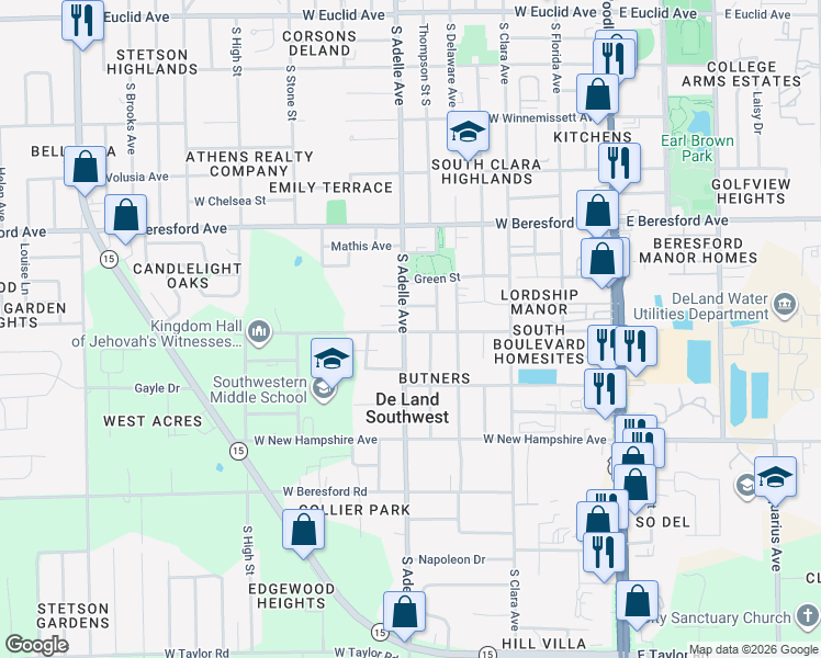 map of restaurants, bars, coffee shops, grocery stores, and more near 436 West Lisbon Parkway in DeLand