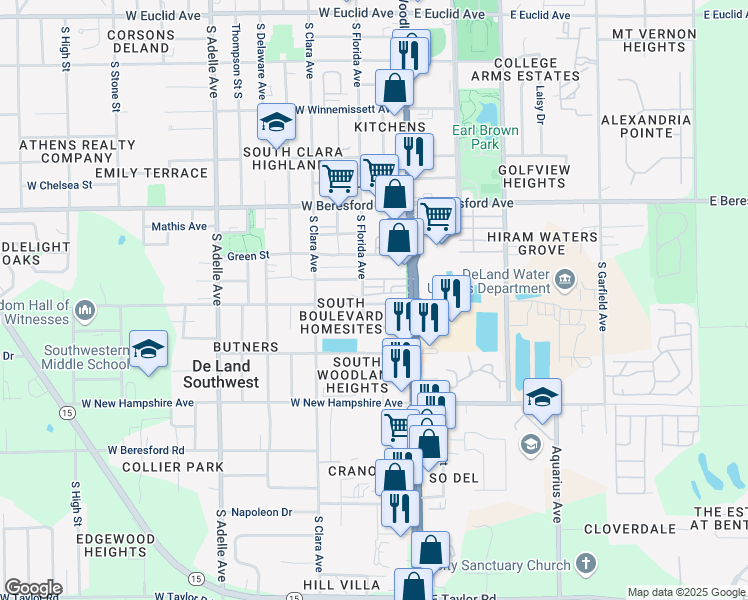 map of restaurants, bars, coffee shops, grocery stores, and more near 135 West Lisbon Parkway in DeLand