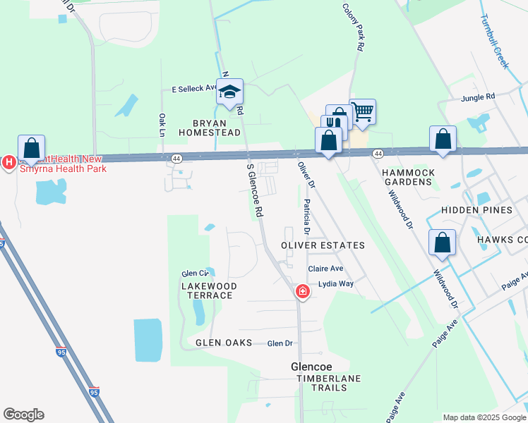 map of restaurants, bars, coffee shops, grocery stores, and more near 424 South Glencoe Road in New Smyrna Beach