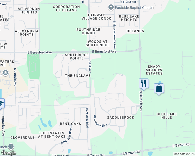 map of restaurants, bars, coffee shops, grocery stores, and more near Silver Saddle Trail in DeLand