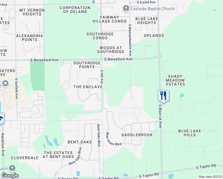 map of restaurants, bars, coffee shops, grocery stores, and more near Silver Saddle Trail in DeLand