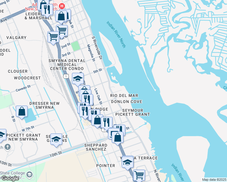 map of restaurants, bars, coffee shops, grocery stores, and more near 100 Grandview Drive in New Smyrna Beach