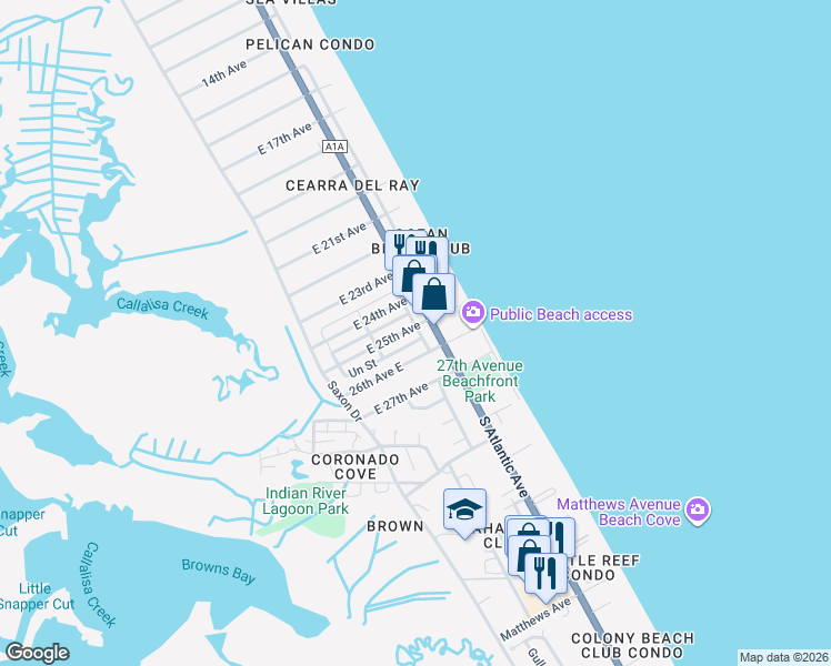map of restaurants, bars, coffee shops, grocery stores, and more near 839 East 25th Avenue in New Smyrna Beach