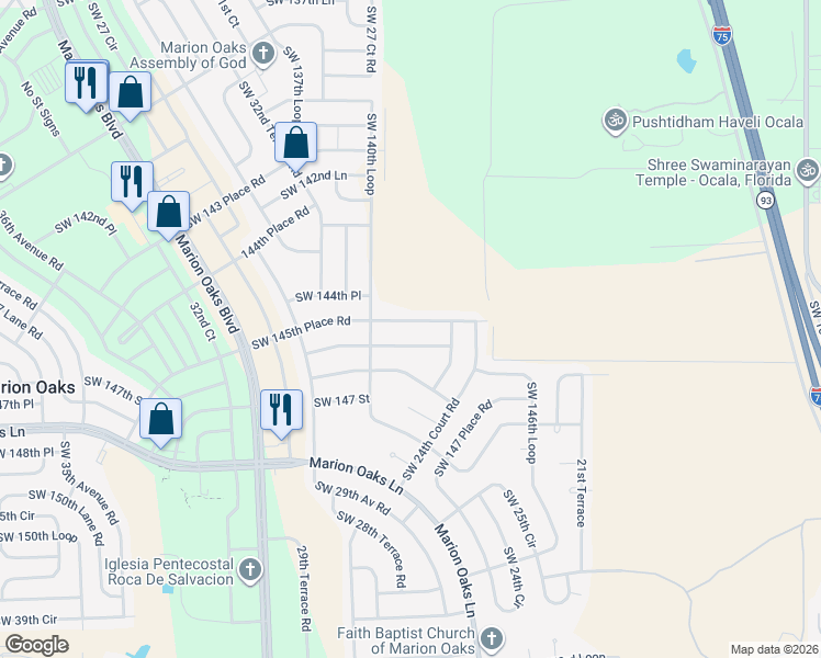 map of restaurants, bars, coffee shops, grocery stores, and more near 2655 Southwest 146th Street in Ocala