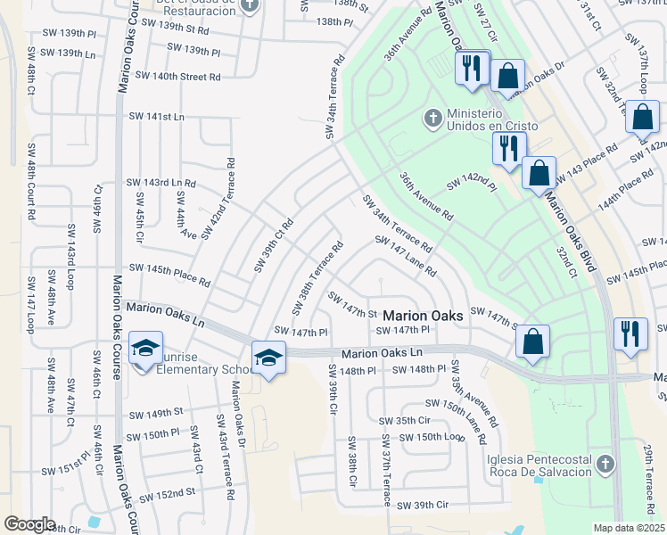 map of restaurants, bars, coffee shops, grocery stores, and more near 3801 Southwest 147 Lane Road in Ocala