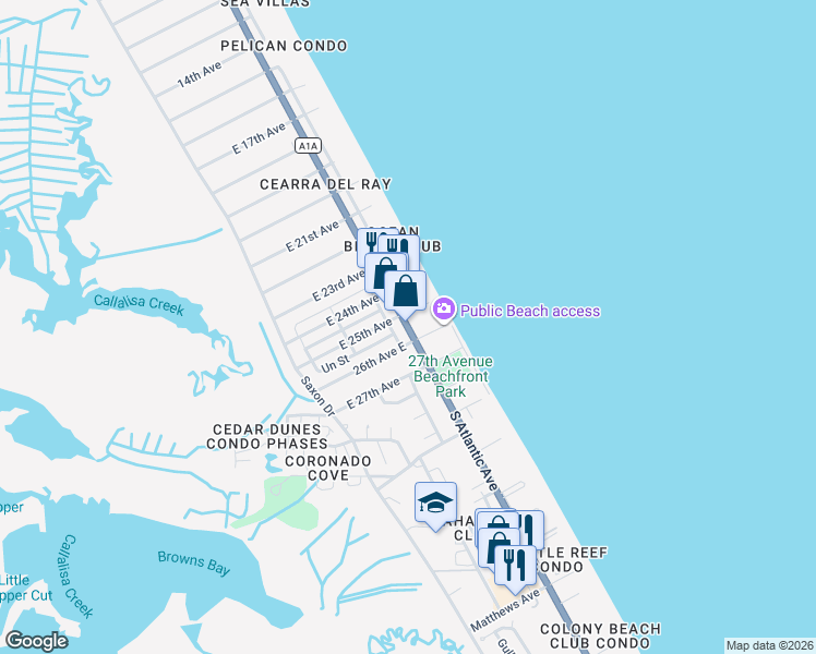 map of restaurants, bars, coffee shops, grocery stores, and more near 3516 South Atlantic Avenue in New Smyrna Beach
