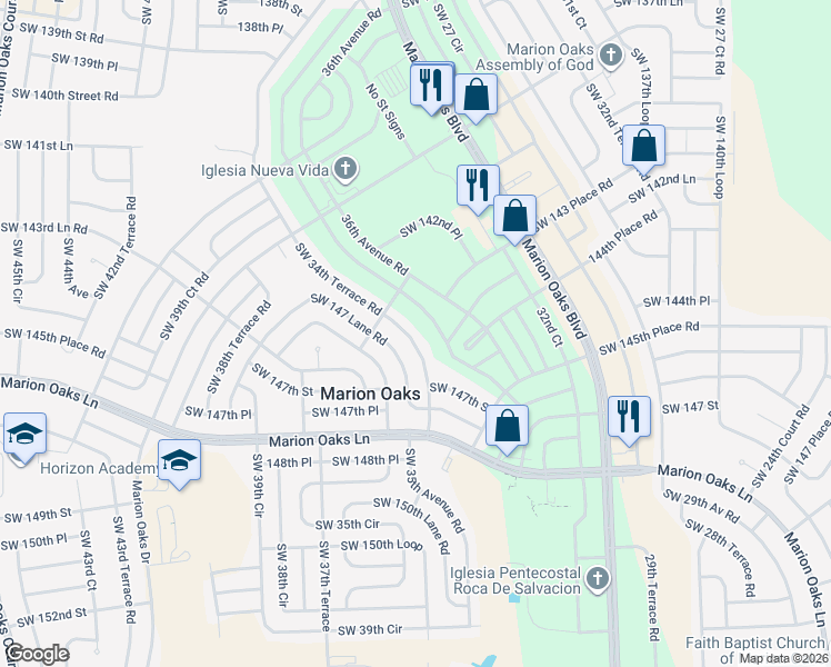 map of restaurants, bars, coffee shops, grocery stores, and more near 14566 Southwest 34th Terrace Road in Ocala