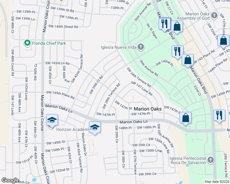map of restaurants, bars, coffee shops, grocery stores, and more near 3930 Southwest 143rd Lane Road in Ocala