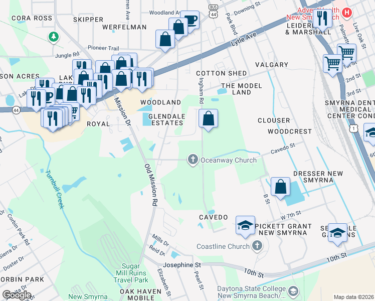 map of restaurants, bars, coffee shops, grocery stores, and more near 618 Ingham Road in New Smyrna Beach