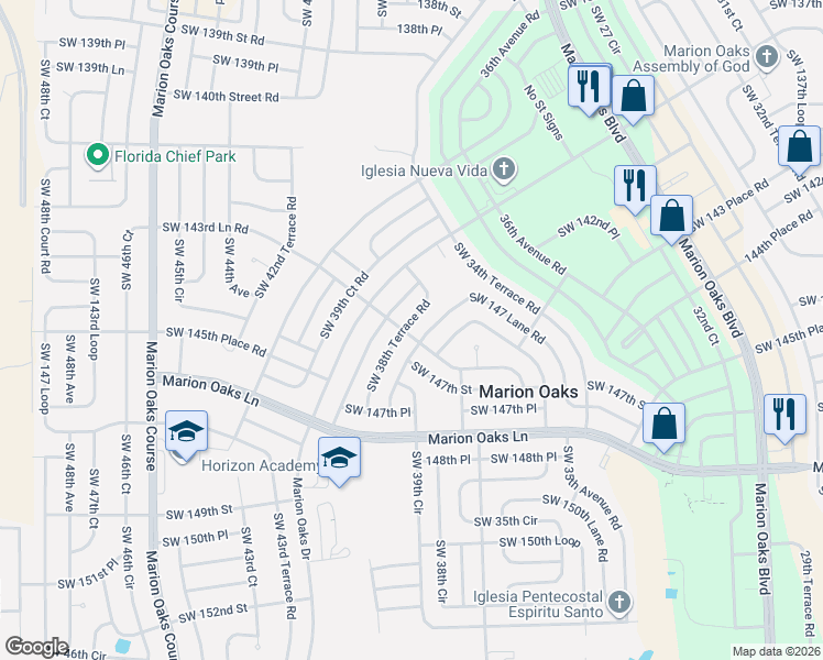 map of restaurants, bars, coffee shops, grocery stores, and more near 3930 Southwest 143rd Lane Road in Ocala