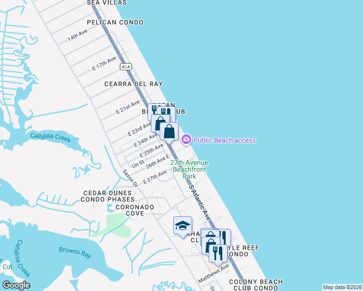 map of restaurants, bars, coffee shops, grocery stores, and more near 998 27th Avenue in New Smyrna Beach