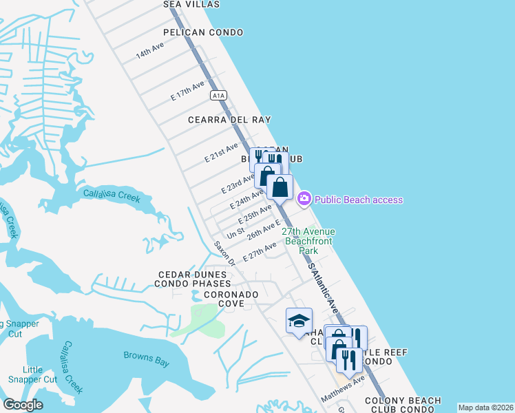 map of restaurants, bars, coffee shops, grocery stores, and more near 829 East 25th Avenue in New Smyrna Beach