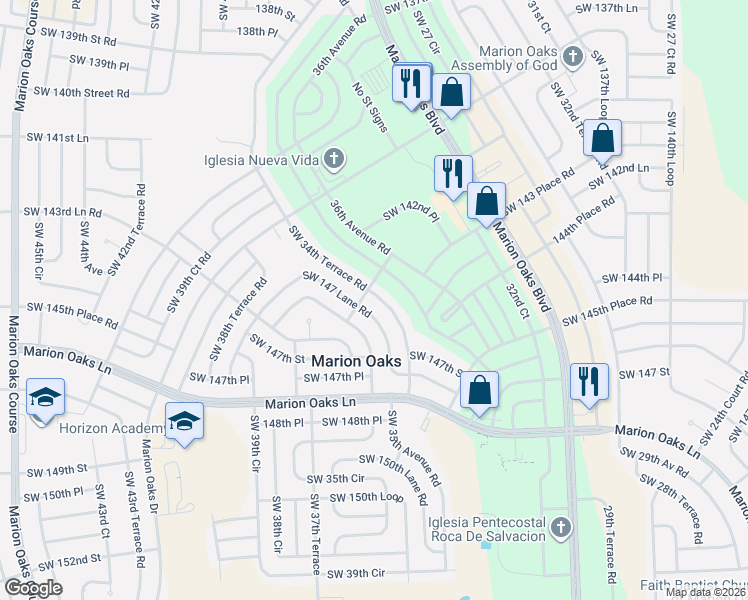 map of restaurants, bars, coffee shops, grocery stores, and more near 14566 Southwest 34th Terrace Road in Ocala