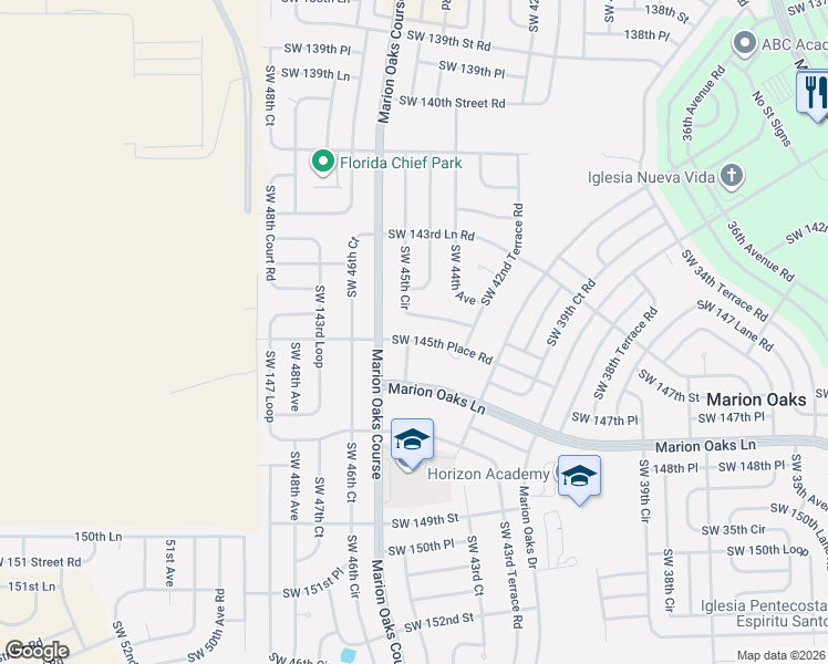 map of restaurants, bars, coffee shops, grocery stores, and more near 14586 45th Court in Ocala