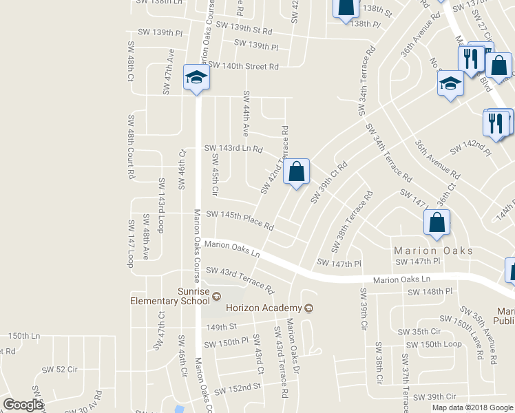 map of restaurants, bars, coffee shops, grocery stores, and more near 16475 Southwest 42nd Terrace Road in Ocala