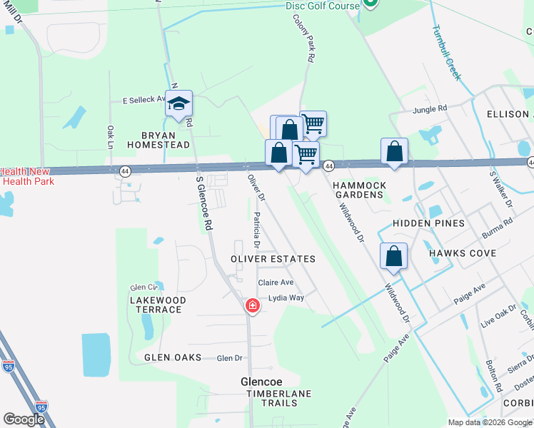 map of restaurants, bars, coffee shops, grocery stores, and more near 412 Oliver Drive in New Smyrna Beach