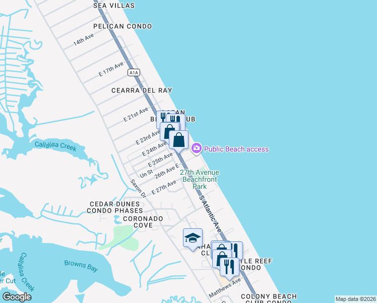 map of restaurants, bars, coffee shops, grocery stores, and more near 3516 South Atlantic Avenue in New Smyrna Beach