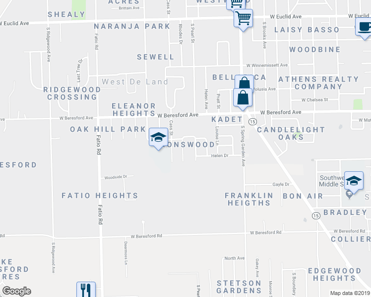 map of restaurants, bars, coffee shops, grocery stores, and more near 1109 Cari Place in DeLand