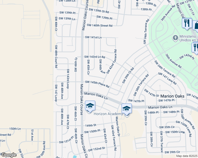 map of restaurants, bars, coffee shops, grocery stores, and more near 14544 Southwest 45th Circle in Ocala