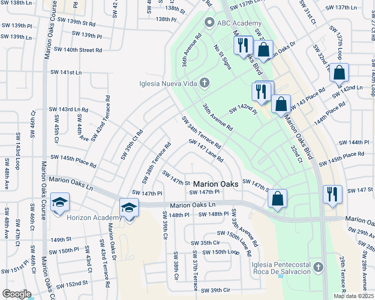 map of restaurants, bars, coffee shops, grocery stores, and more near 3771 Southwest 147 Lane Road in Ocala