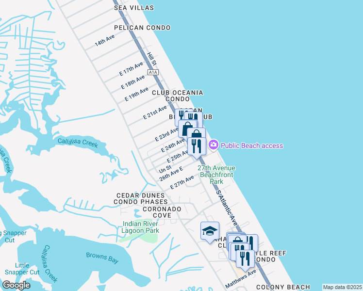 map of restaurants, bars, coffee shops, grocery stores, and more near 838 East 24th Avenue in New Smyrna Beach