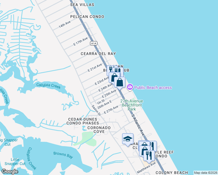 map of restaurants, bars, coffee shops, grocery stores, and more near 833 East 24th Avenue in New Smyrna Beach