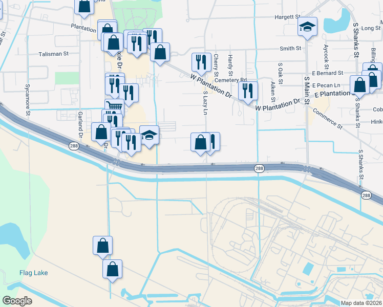 map of restaurants, bars, coffee shops, grocery stores, and more near 704 Lewis Street in Clute