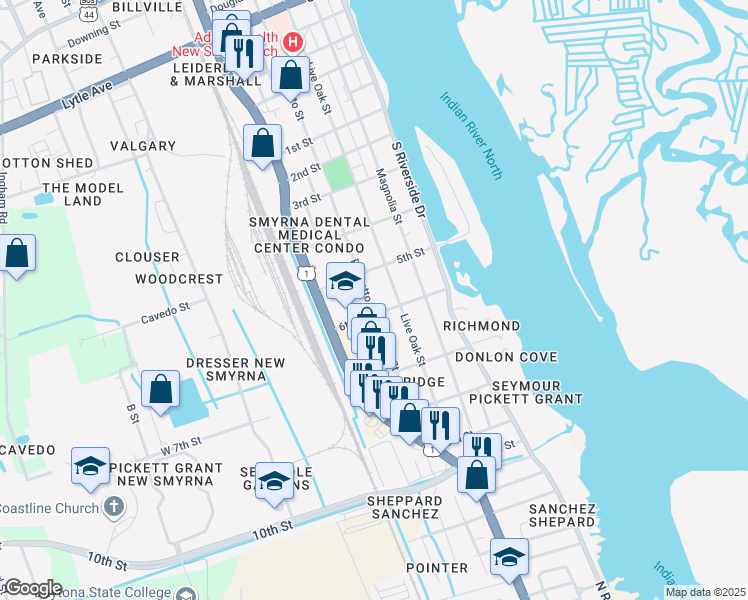map of restaurants, bars, coffee shops, grocery stores, and more near 1304 Palmetto Street in New Smyrna Beach