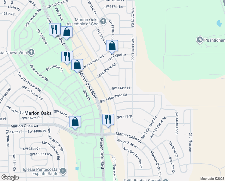 map of restaurants, bars, coffee shops, grocery stores, and more near 2945 Southwest 144th Place in Ocala