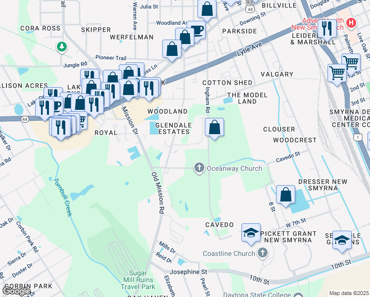 map of restaurants, bars, coffee shops, grocery stores, and more near 600 Ingham Road in New Smyrna Beach