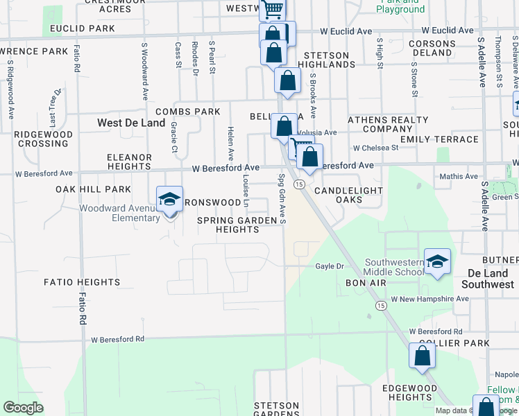 map of restaurants, bars, coffee shops, grocery stores, and more near 1115 Wild Oak Terrace in DeLand
