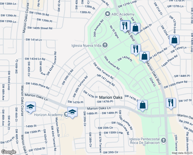 map of restaurants, bars, coffee shops, grocery stores, and more near 3762 Southwest 147 Lane Road in Ocala